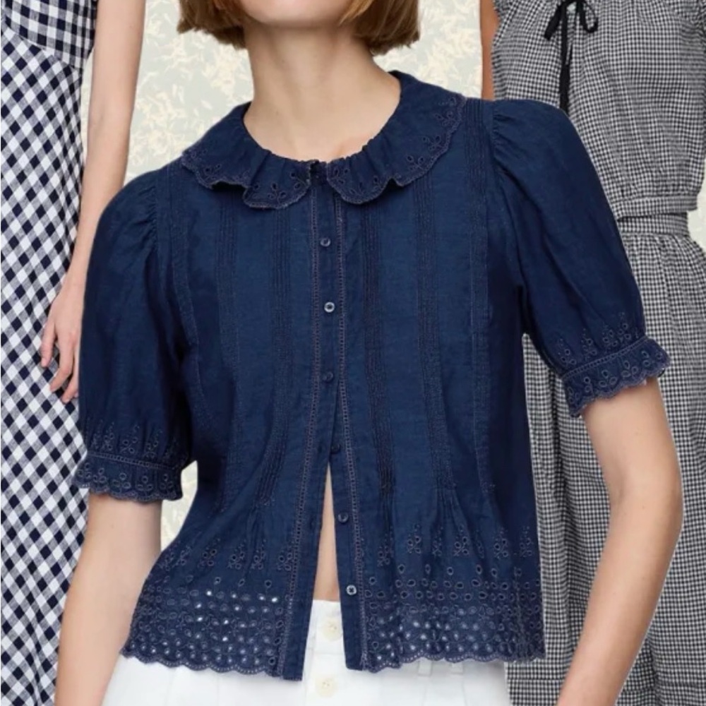 GAP Navy Eyelet Pintuck Cotton Blouse